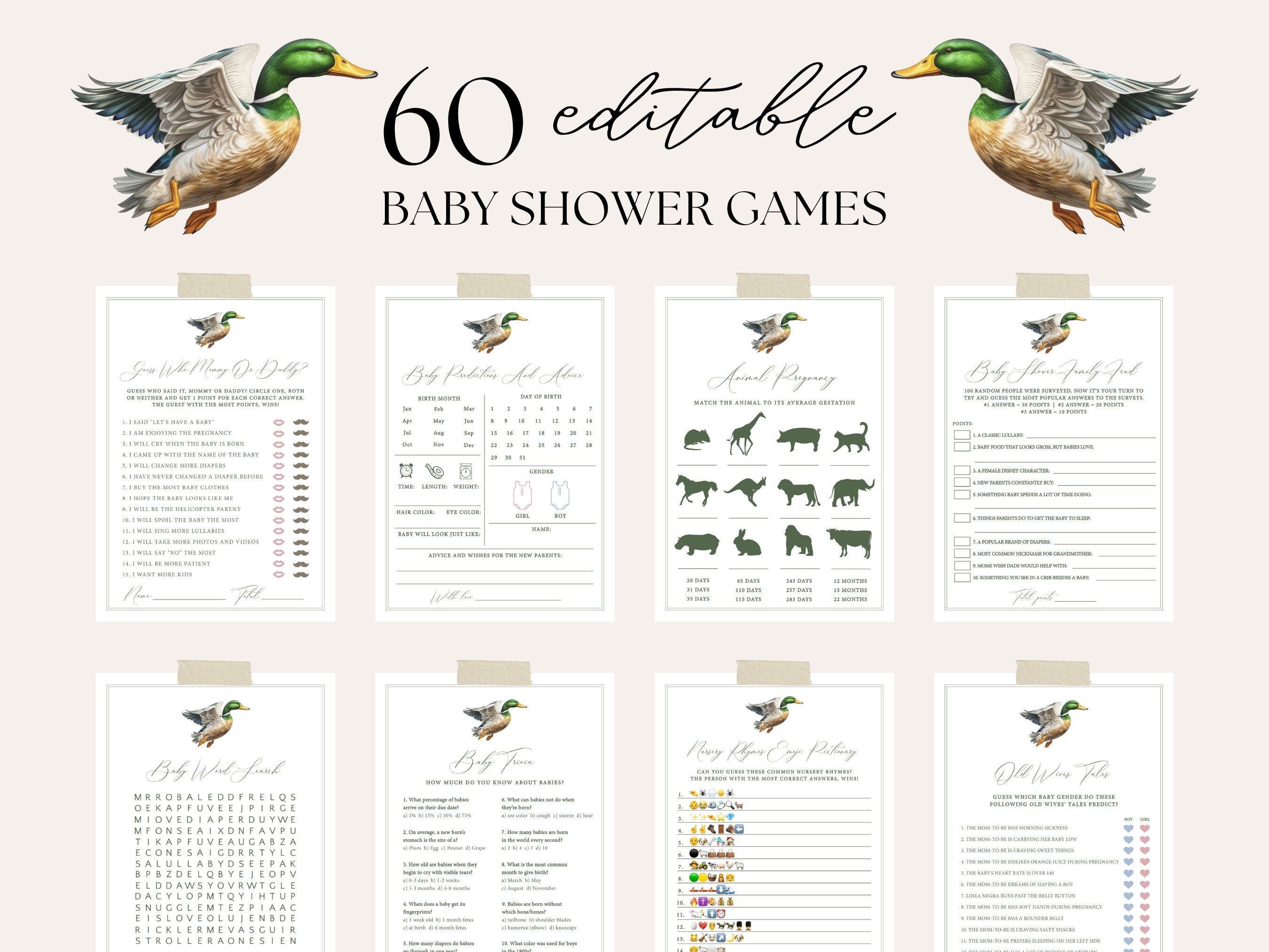 Editable Mallard Duck Baby Shower Game Bundle, Duck Baby Game Template