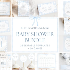Editable Blue Gingham & Bow Baby Shower Template Bundle, Blue Ribbon Plaid Shower Bundle, Printable Blue Oh Boy Baby Shower Decor Pack, G01