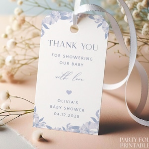 Editable Blue Vintage Florals Baby Shower Thank You Tag, Printable Baby Shower Favor Tag, Instant Dusty Blue Chinoiserie Baby Gift Tag, A09