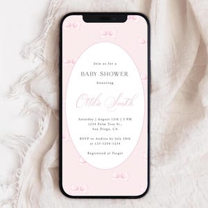 Editable Pink Bow Baby Shower Mobile Invite, Pink Coquette Bow Girl Baby Shower Invite, Instant Digital Pink Bow Evite, Girl Baby Shower S52