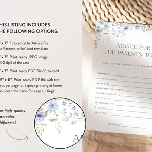 Editable Blue Floral Baby Shower Advice Card Advice for the - Etsy