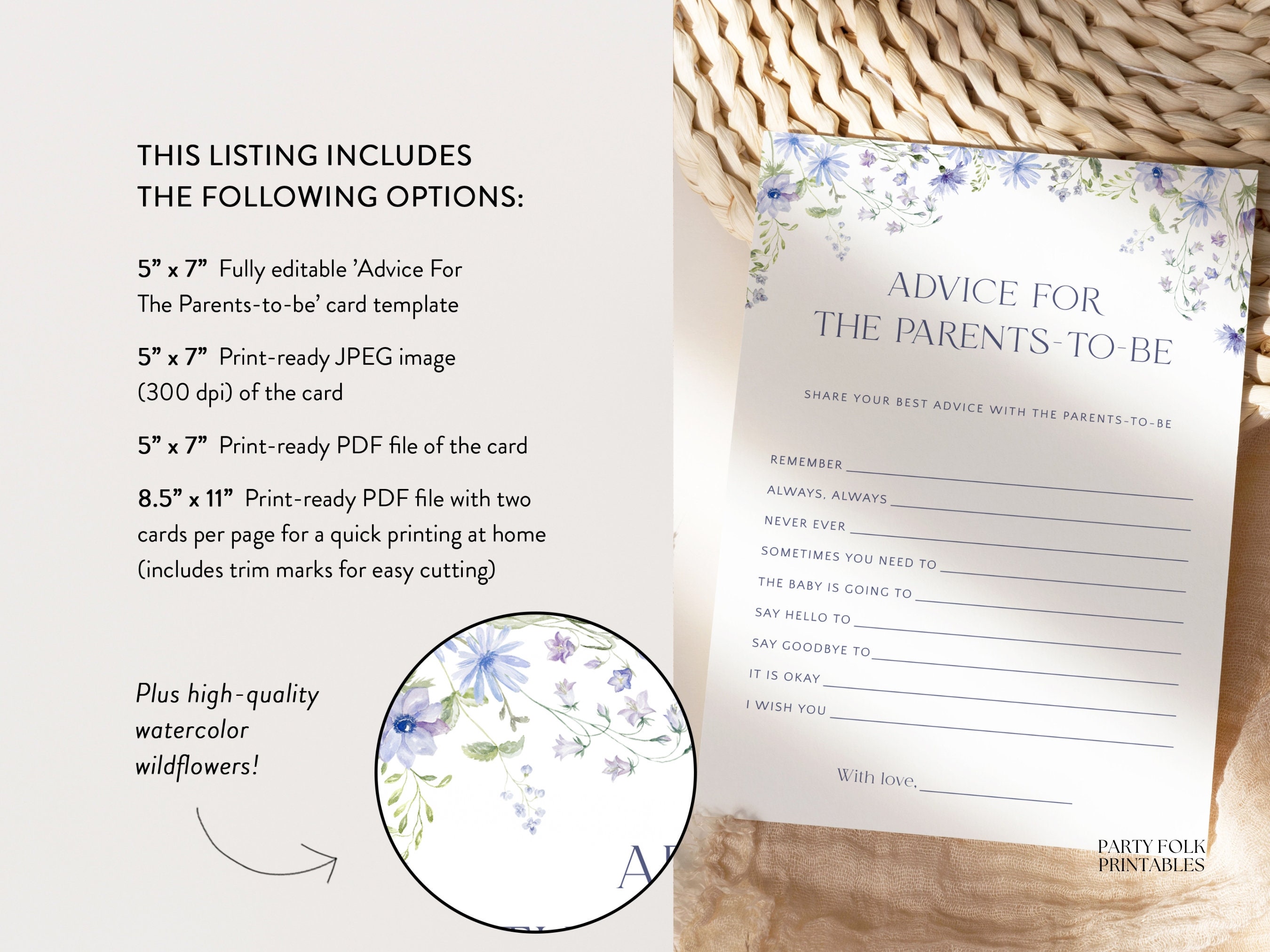 Editable Blue Floral Baby Shower Advice Card Advice for the - Etsy