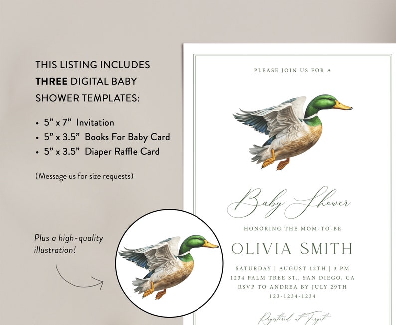 Editable Mallard Duck Baby Shower Invitation Template Set Etsy UK
