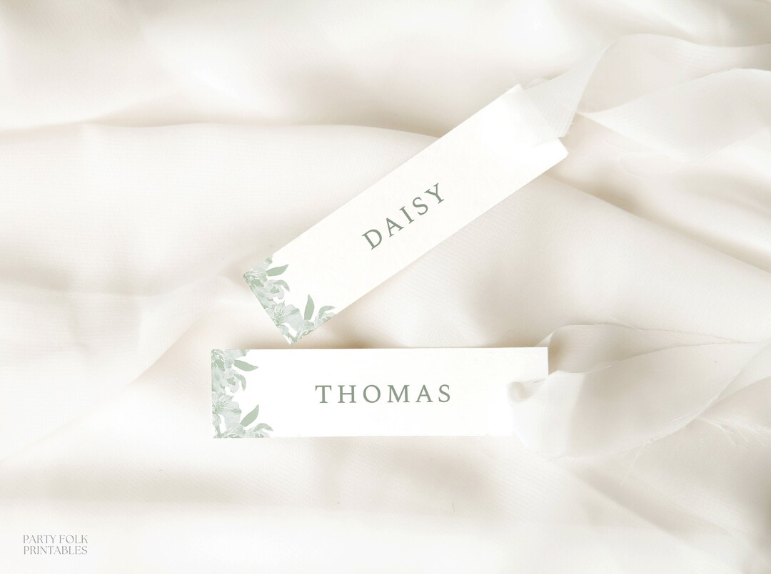 Green Name Card Template, Printable Thin Wedding Place Card, Sage Green Place Card, Editable