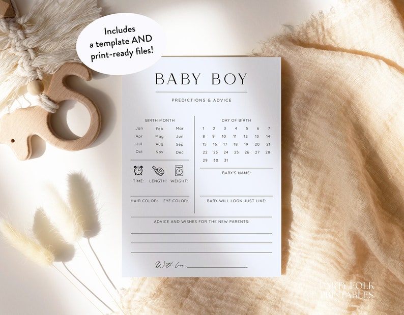 Blue Boy Baby Shower Predictions And Advice Cards, Minimalist Printable Baby Predictions Template, Editable Instant Baby Predictions Game image 1