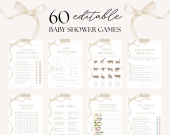 Editable Light Beige Bow Baby Shower Game Bundle, Beige Ribbon Game Template, Baby Shower Game Pack, Gender Neutral Shower Game Bundle, S26