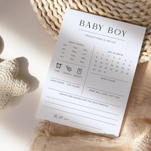 Blue Boy Baby Shower Predictions And Advice Cards, Minimalist Printable Baby Predictions Template, Editable Instant Baby Predictions Game image 3