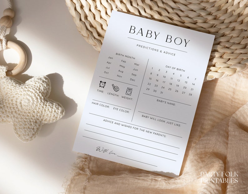 Blue Boy Baby Shower Predictions And Advice Cards, Minimalist Printable Baby Predictions Template, Editable Instant Baby Predictions Game image 3