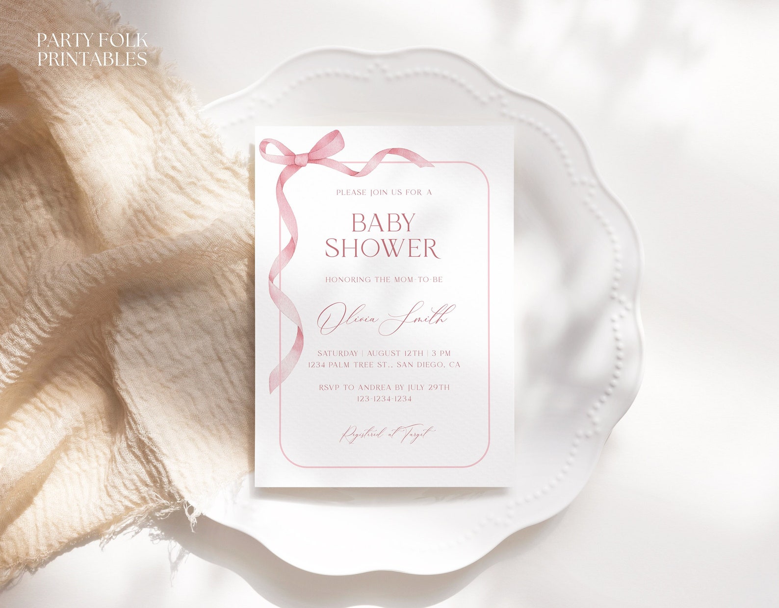 Editable Dusty Pink Bow Baby Shower Invitation, Pink Ribbon Baby Shower Invite, Minimalist Blush ...