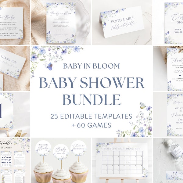 Editable Blue Baby In Bloom Shower Template Bundle, Baby Boy In Bloom Shower Bundle, Blue Wildflower Butterfly Floral Baby Shower Decor, W31
