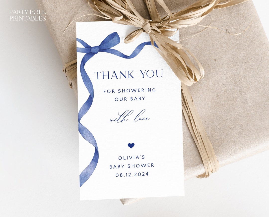 Editable Navy Blue Bow Baby Shower Thank You Tag, Printable Boy Baby ...