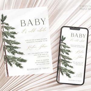 Editable Baby It's Cold Outside Baby Shower Invitation Template, Winter Christmas Tree Baby Shower Mobile Invite, Holiday Shower Evite, A30
