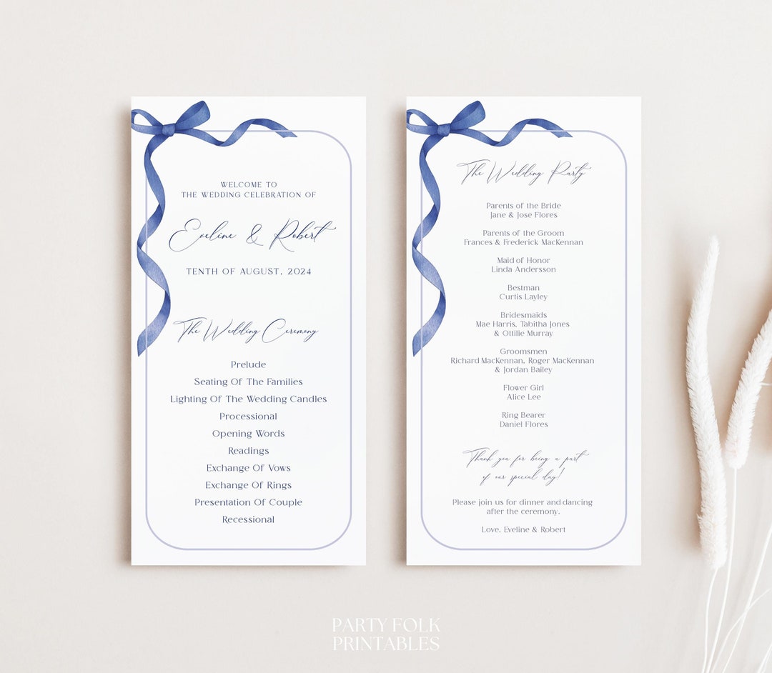 Navy Blue Bow Wedding Program Digital Template, Blue Ribbon Program ...