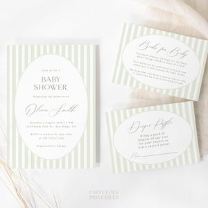 Editable Sage Green Stripes Baby Shower Invitation Set, Gender Neutral Sage Baby Shower Invite, Minimalist Modern Green Baby Shower Card S68