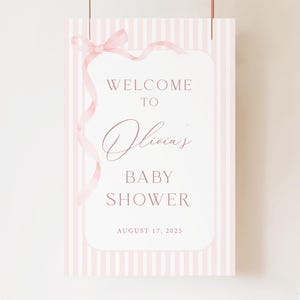 Editable Pink Bow & Stripes Baby Shower Welcome Sign Template, Instant Girl Baby Shower Welcome Sign, Printable Pink Stripe Baby Poster, S39