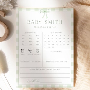 Personalized Green Gingham Bow Baby Shower Predictions And Advice Cards, Gender Neutral Baby Predictions, Editable Sage Predictions Card G14