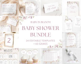 Baby In Bloom Baby Shower Bundle Template, Editable Lilac Shower Template, Floral Baby Shower Pack, Lavender Purple Baby Shower Decor, S01