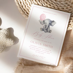 Pink Elephant Balloon Baby Shower Invitation Template, Elephant Girl ...