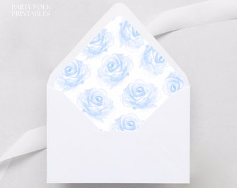 Printable Blue Roses Envelope Liner, Dusty Blue Watercolor Florals Liner, Instant Blue A7 Wedding Envelope Liner, Roses Envelope Liner