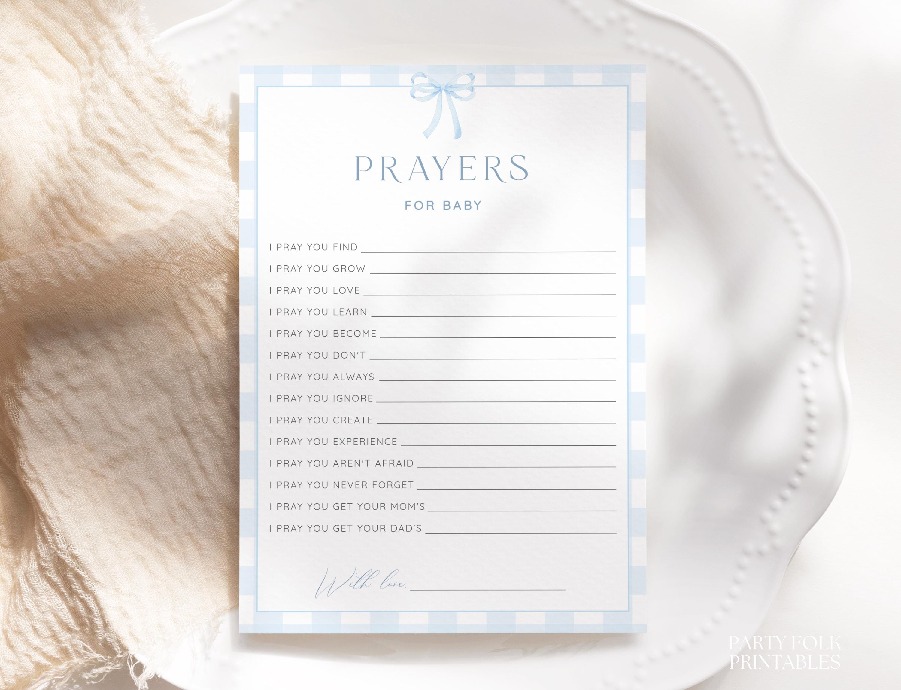 Editable Blue Prayers For Baby Boy, Blue Gingham Bow Baby Shower Prayers Template, Printable Wishes For Baby Boy, Blue Baby Shower Game G01