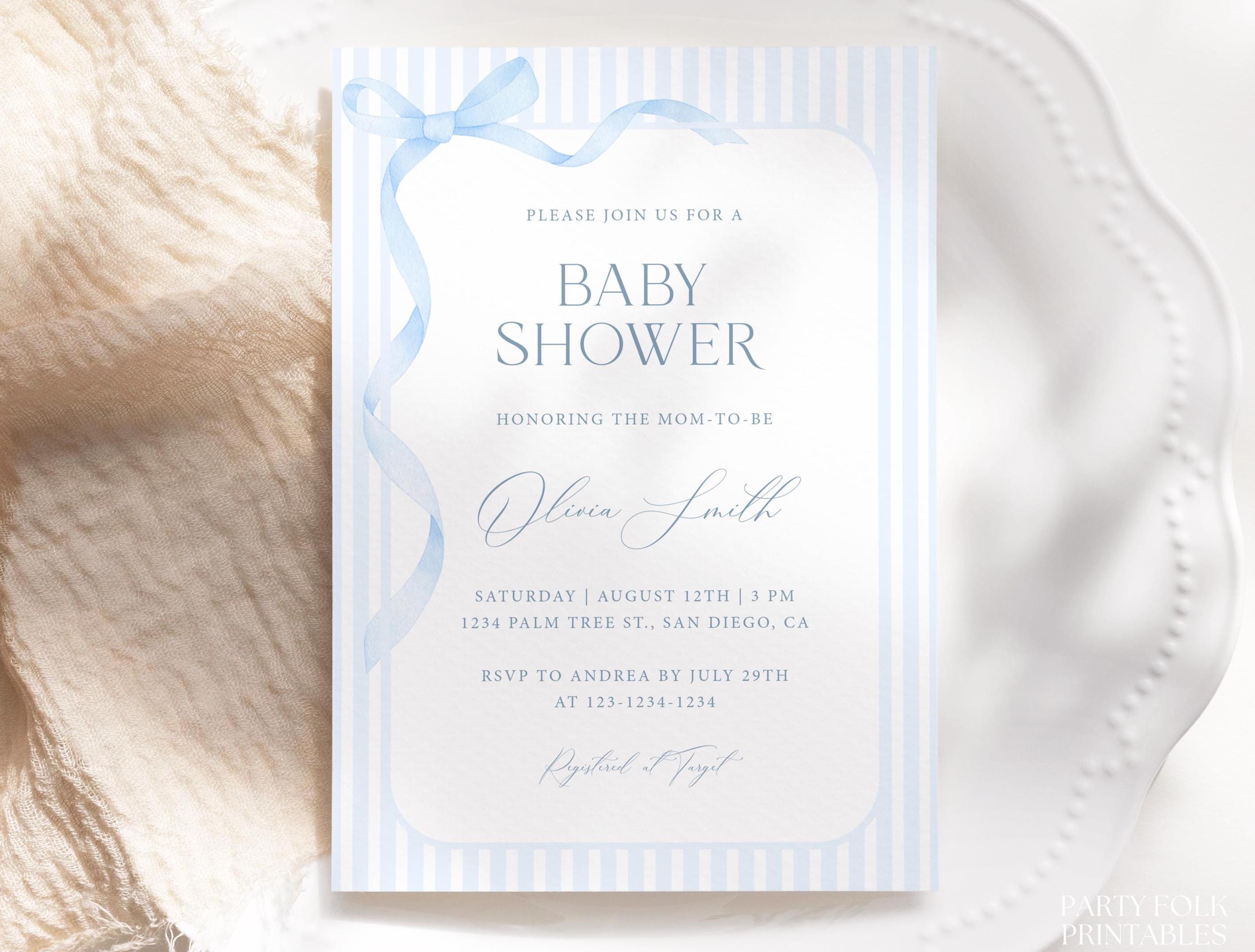 Editable Blue Bow & Stripes Baby Shower Invitation, Blue Ribbon Boy Baby Shower Invite, Minimalist Modern Light Blue Baby Shower Card, S40