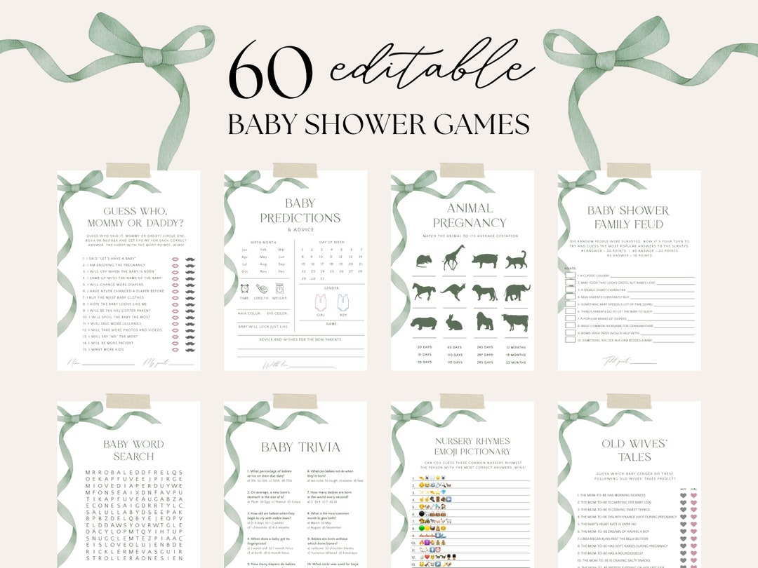 Editable Sage Green Bow Baby Shower Game Bundle, Sage Ribbon Game ...