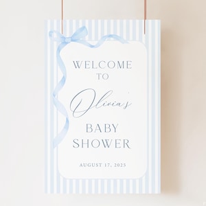Editable Blue Bow & Stripes Baby Shower Welcome Sign Template, Instant Boy Baby Shower Welcome Sign, Printable Blue Stripe Baby Poster, S40