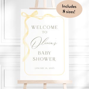 Editable Light Yellow Bow Baby Shower Welcome Sign Template, Secret Gender Neutral Baby Shower Welcome, Butter Yellow Ribbon Poster, S45