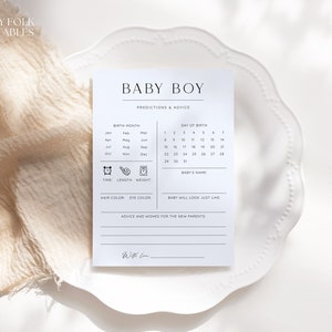 Blue Boy Baby Shower Predictions And Advice Cards, Minimalist Printable Baby Predictions Template, Editable Instant Baby Predictions Game image 4