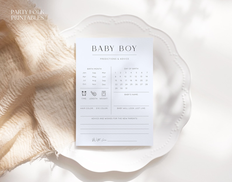 Blue Boy Baby Shower Predictions And Advice Cards, Minimalist Printable Baby Predictions Template, Editable Instant Baby Predictions Game image 4