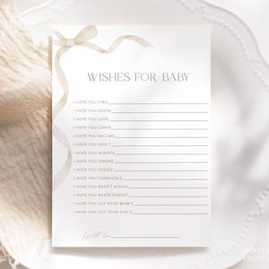 Light Beige Bow Wishes For Baby Card, Printable Beige Baby Shower Prayers For Baby, Gender Neutral Baby Shower Games, Hopes For Baby, S26
