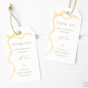 Editable Yellow Bow Baby Shower Thank You Tag, Printable Gender Neutral Baby Shower Favor Tag, Butter Yellow Ribbon Baby Shower Gift Tag S49