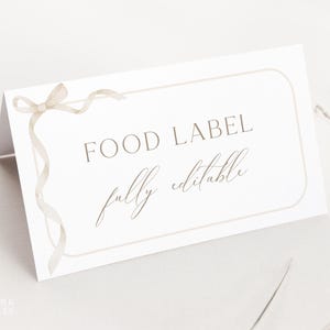 Editable Light Beige Bow Buffet Card Template, DIY Beige Baby Shower Food Label Card, Printable Gender Neutral Shower Place Card Tented, S26