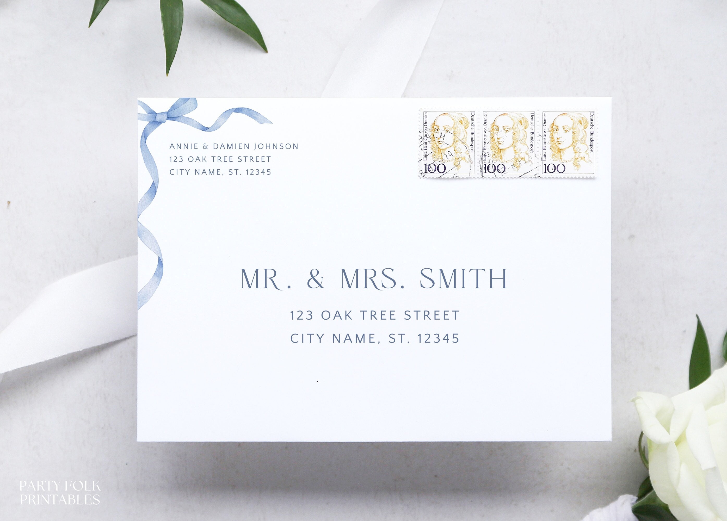 Editable Blue Bow Envelope Address Template, Personalized Blue Boy Baby Shower Address Label, Printable Instant Addressed Envelope A7, S14