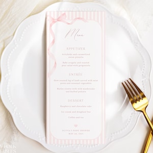 Editable Pink Bow & Stripes Baby Shower Menu Template, Blush Pink Ribbon Shower Menu, Pink Dinner Menu, Printable Girl Bow Baby Shower, S39