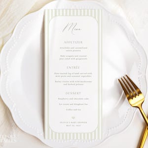 Editable Sage Green Stripe Baby Shower Menu Template, Light Green Baby Shower Menu, Sage Dinner Menu, Printable Gender Neutral Menu Card S68