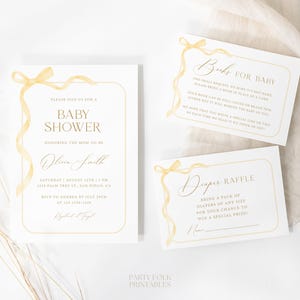 Editable Yellow Bow Baby Shower Invitation Template Set, Butter Yellow Baby Shower Invite, Instant Yellow Gender Neutral Shower Invite, S49