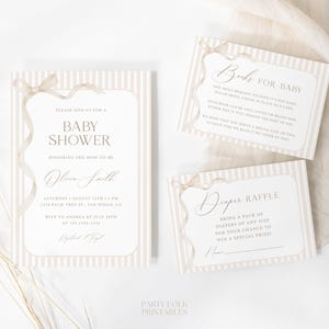 Editable Beige Bow & Stripes Baby Shower Invitation Set, Gender Neutral Ribbon Baby Shower Invite, Minimalist Beige Baby Shower Cards, S41
