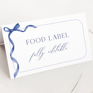 Editable Navy Blue Bow Buffet Card Template, Blue Food Label, Royal Blue Baby Shower Food Card, Printable Cute Boy Shower Place Card, S21