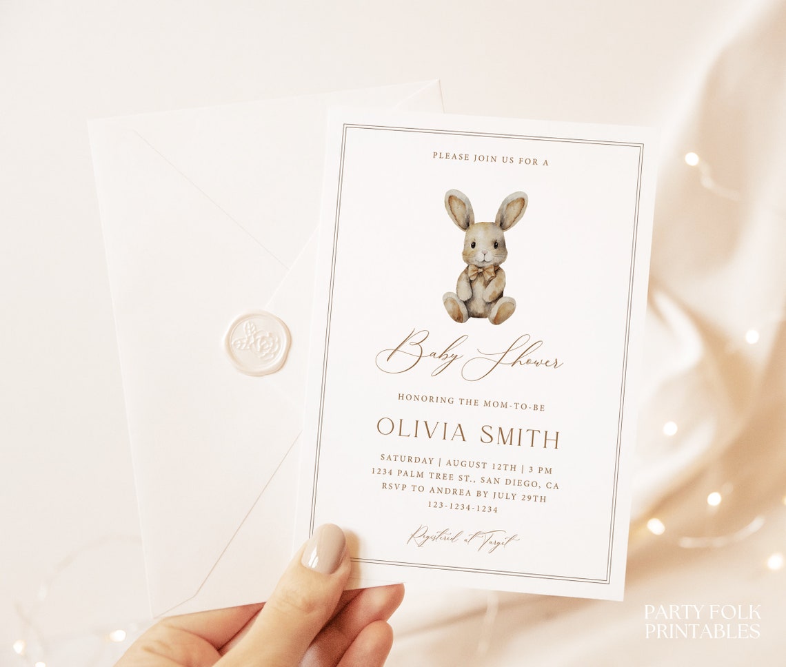 Editable Bunny Baby Shower Invitation Set Template, Minimalist Vintage ...