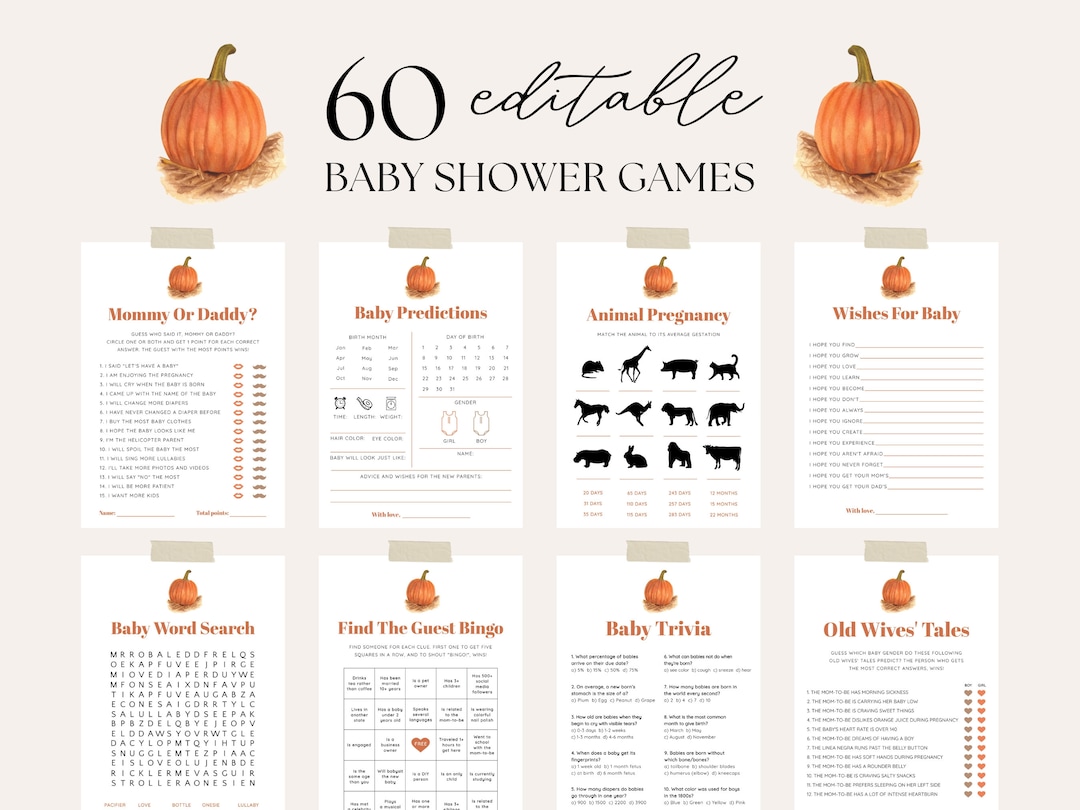 Editable Pumpkin Baby Shower Game Bundle, Minimalist Fall Baby Shower ...
