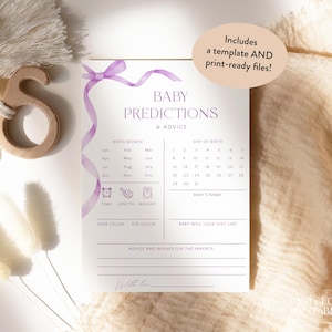 Lilac Bow Baby Shower Predictions And Advice Cards, Baby Shower Predictions Template, Editable Instant Purple Ribbon Predictions Game, S15