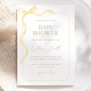 Editable Yellow Bow Baby Shower Invitation Template, Butter Yellow Baby Shower Invite, Instant Yellow Gender Neutral Baby Shower Invite, S49