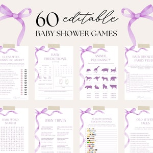 Editable Lilac Bow Baby Shower Game Bundle, Purple Ribbon Game Template, Lavender Cute Game Pack, Lilac Girl Baby Shower Game Bundle, S15