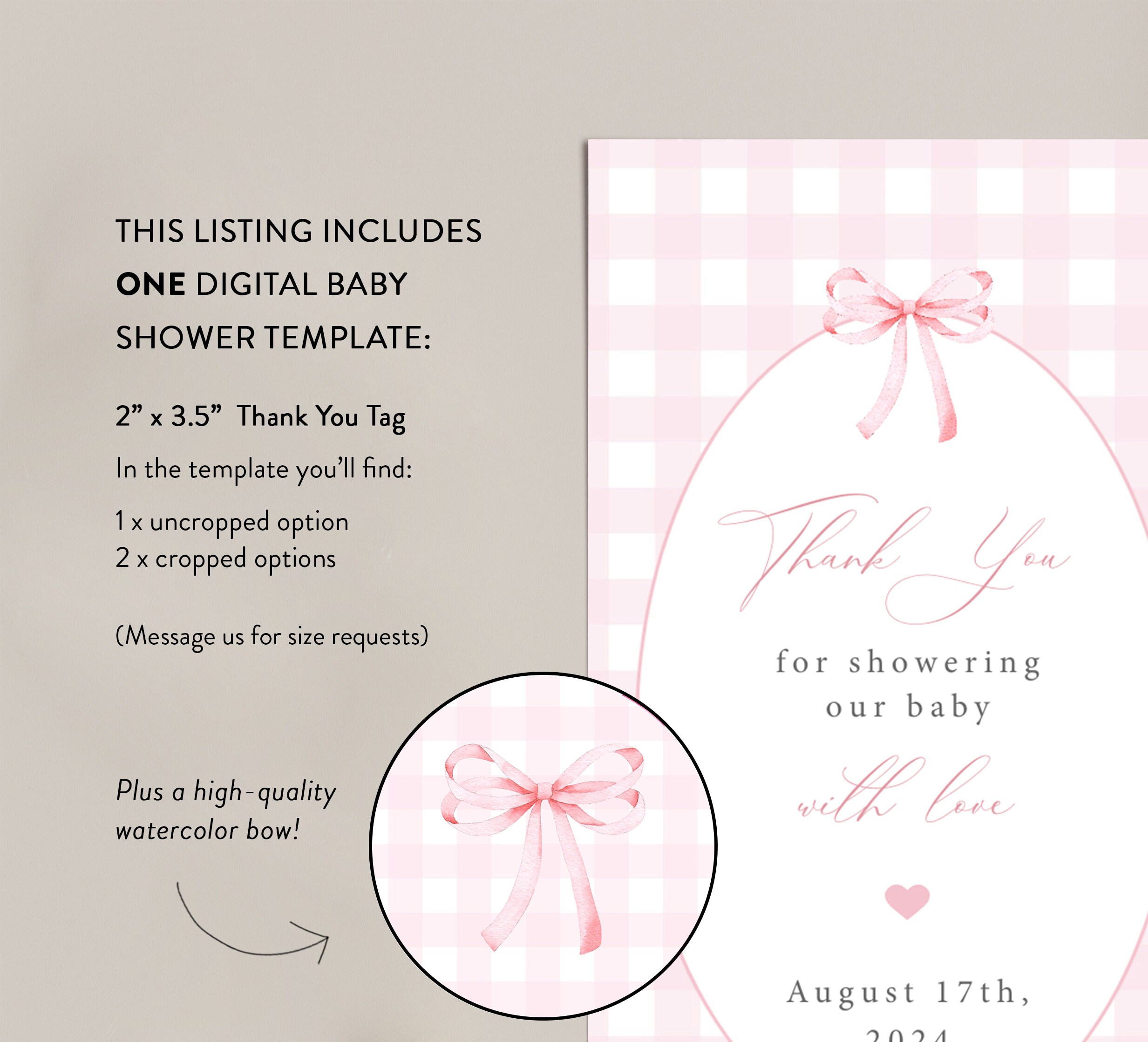 Editable Pink Gingham Preppy Baby Shower Thank You Tag, Printable Girl Baby Shower Favor Tag ...