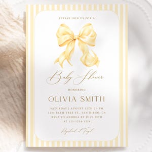 Editable Yellow Bow & Stripes Baby Shower Invitation, Gender Neutral Bow Baby Shower Invite, Butter Yellow Coquette Bow Baby Shower Card S65