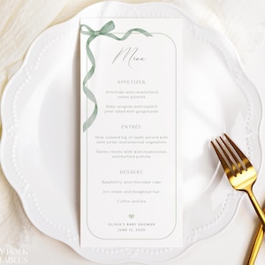 Editable Sage Green Bow Baby Shower Menu Template, Green Ribbon Shower Menu, Minimalist Sage Bow Dinner Menu, Gender Neutral Baby Shower S24