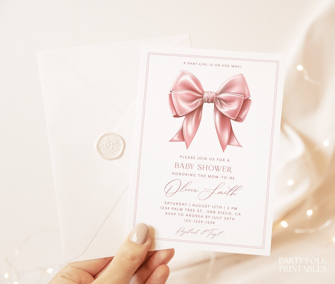 Editable Pink Bow Girl Baby Shower Invitation, Blush Pink Coquette Bow ...