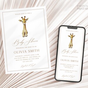 Editable Giraffe Baby Shower Invitation Template, Printable Minimalist Boho Safari Shower Invite, Gender Neutral Shower Mobile Evite, W10