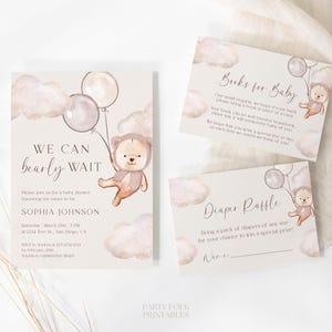 Editable We Can Bearly Wait Baby Shower Invitation Set Template, Beige Gender Neutral Shower Invite, Instant Secret Gender Bear Invite, A06